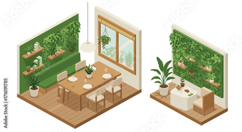 Cozy dining room and home office with indoor garden and vertical wall plants