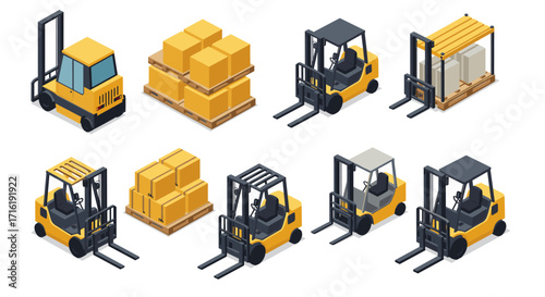 Isometric forklift and pallet icons set for warehouse and logistics