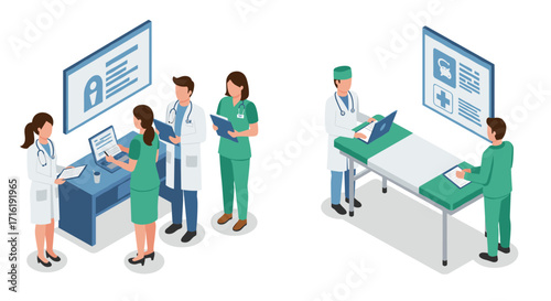 Healthcare professionals collaborating in a modern isometric medical office