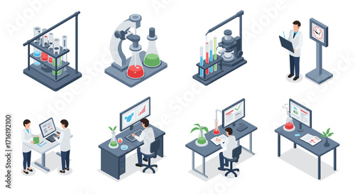 Isometric laboratory and office scenes featuring scientists and equipment for modern scientific research