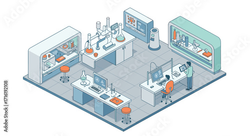 Isometric scientific laboratory with researchers and advanced equipment in modern workspace