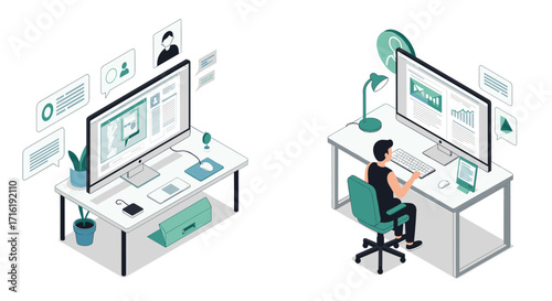 Isometric home office and workspace with computer and decorative elements
