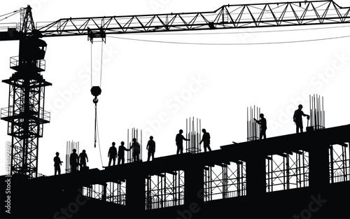 Silhouette vector of construction workers on building site with tower crane, rebar, and concrete structure for industrial and urban development themes.