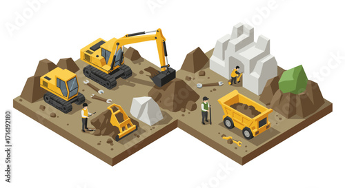 Isometric construction site with vehicles and workers building road in 3d art