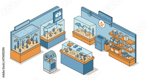 Isometric aquarium exhibit design with fish tanks and interactive displays