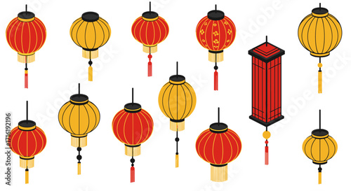 Colorful hanging lanterns collection with traditional chinese design in flat style