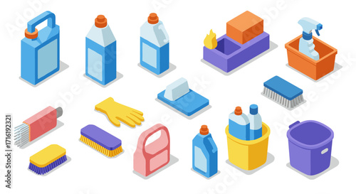 Isometric cleaning supplies set with detergents and brushes in bold colors