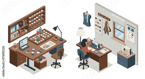 Detailed isometric workspace of a craft designer with sewing supplies and tools