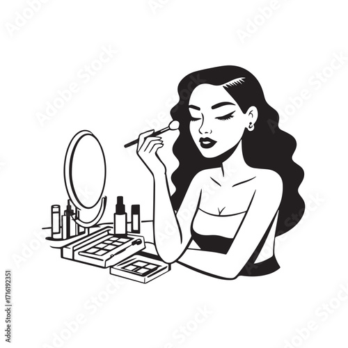 Black and white line art of a beautiful woman doing makeup at dressing table with mirror illustration