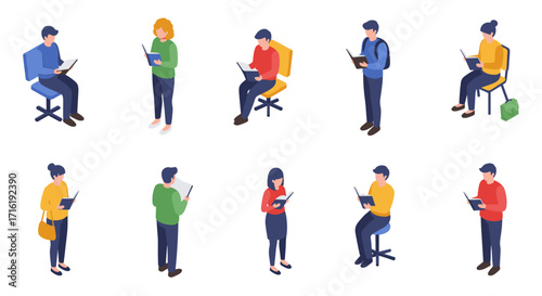 Diverse people reading books in various poses and settings isometric style