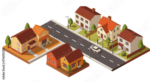 Isometric suburban neighborhood with houses and street