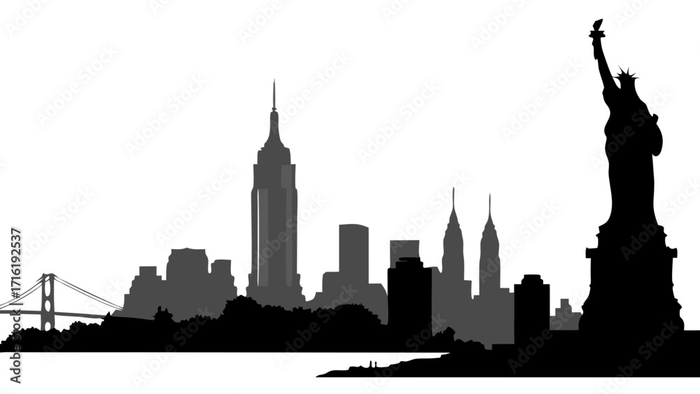 Obraz premium New york skyline in black and grey silhouette, perfect for branding, travel brochures, website banners, postcards, and social media posts.
