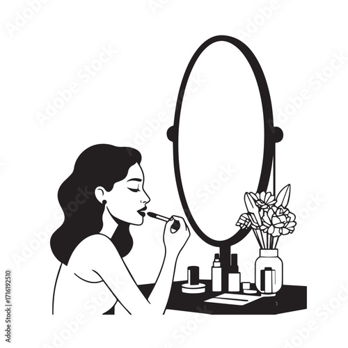 Black and white line art of a beautiful woman doing makeup at dressing table with mirror illustration