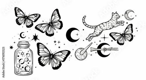Mystical cat leaps among celestial butterflies, moons, and stars within a magical jar