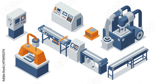 Industrial equipment in isometric style with modern machinery and conveyor belts