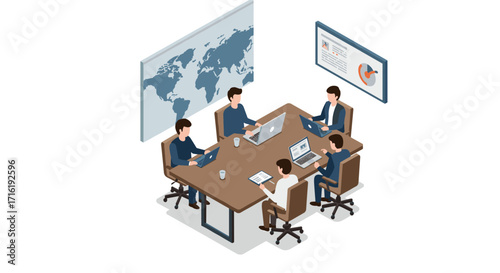 Team collaboration meeting with laptops and world map in isometric office setting