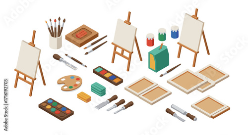 Art studio essentials: isometric painting tools and materials collection