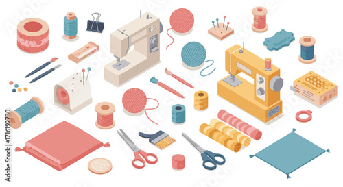 Colorful sewing supplies: isometric craft tools and yarn in a creative workspace