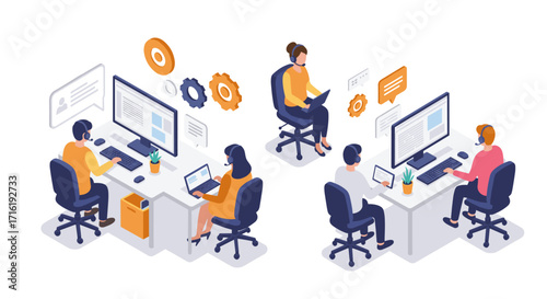 Isometric office workspace with team interacting and collaborating on computers