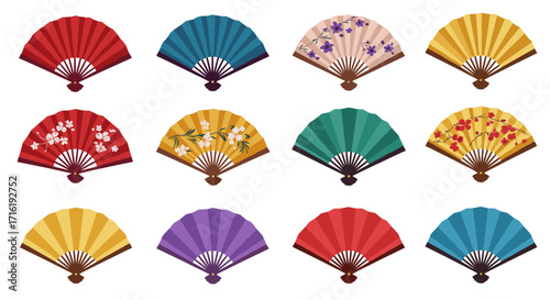 Decorative handheld fans with floral and plain designs in a variety of colors