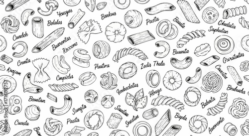 Diverse pasta shapes and types illustrated in a charming, vintage-style pattern for culinary designs