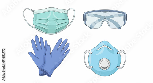 Essential protective gear including face masks, gloves, and safety goggles for health and hygiene