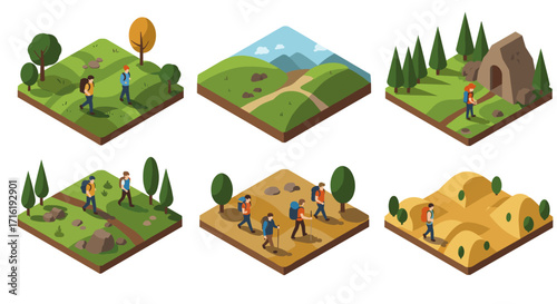Isometric hiking adventures: diverse outdoor terrains and scenic exploration paths