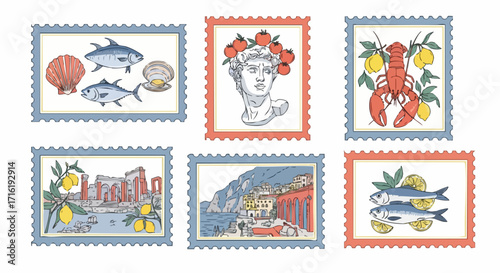 Charming collection of illustrated postage stamps featuring seafood, ancient ruins, coastal towns and Roman bust art
