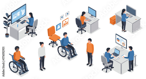 Modern office isometric design with diverse employees and technology elements