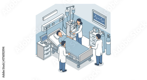 Healthcare team in isometric hospital room with patient on bed