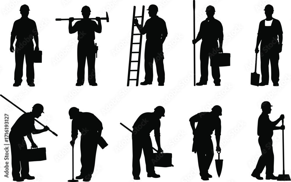 Obraz premium Construction worker silhouettes with tools and gear, ideal for labor, teamwork, safety, building, industrial site, and engineering illustration design.