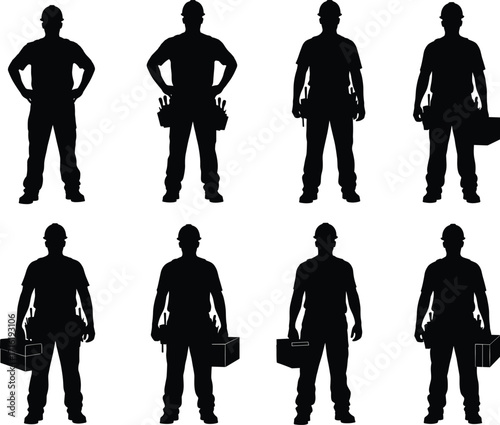 Silhouettes of construction workers in hard hats with tools, gear, and uniforms for labor, industry, repair, and handyman vector themes