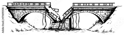 Ruined Stone Arch Bridge Collapse Hand Drawn Sketch Vector