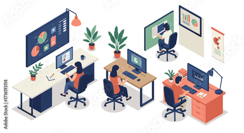 Modern office workspace with people working at desks in isometric style
