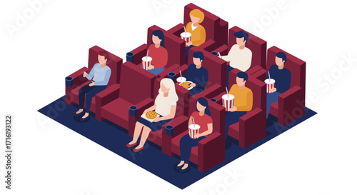Isometric movie theater audience with snacks in red seats
