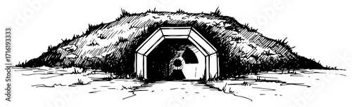 Camouflaged Earth Covered Military Bunker Entrance black shape vector laser cutting engraving monochrome print