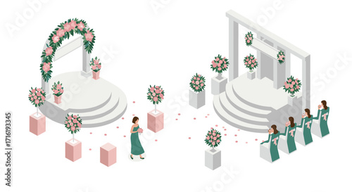 Elegant wedding ceremony scene with floral decorations and bridesmaids in isometric style