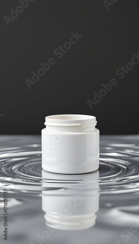 Open jar in the water: The pristine white jar sits elegantly amidst rippling water, inviting a sense of tranquility and purity. It's a moment of quiet grace and modern simplicity.