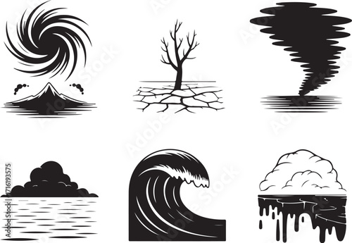 Natural disaster icons show power of earth elements