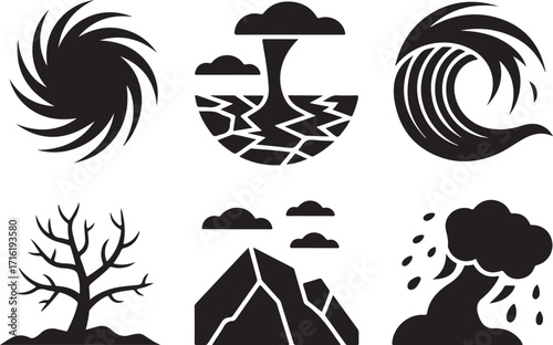 Natural disaster icons represent danger and environmental threats