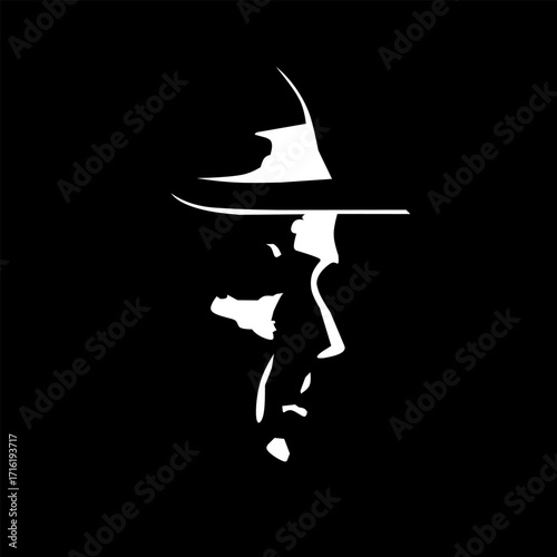 Black-and-white minimalist artwork of a man’s side profile in a fedora hat, creating a noir detective vibe perfect for posters, icons, or modern logo designs.