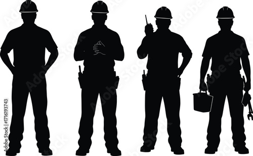 Silhouettes of construction workers with tools, hard hats, and gear in various poses for labor, repair, industry, and handyman themes