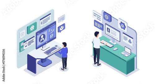 Isometric office workstations with employees engaging in virtual communication and digital tasks
