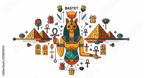 Ancient Egyptian goddess Bastet with pyramids, scarabs, and ankhs in a vibrant, stylized design