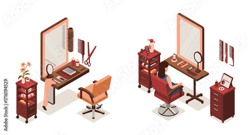 Isometric beauty salon setup with hairdressing stations and tools