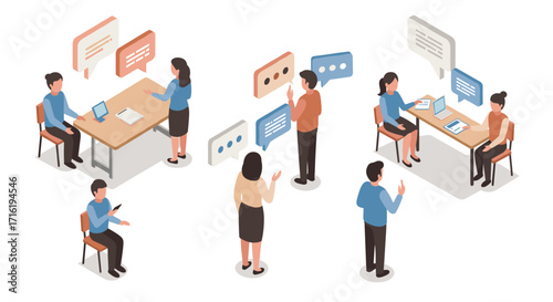 Isometric office employees engaging in teamwork and communication activities