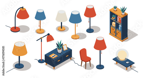 Isometric home lighting and furniture collection with modern design elements