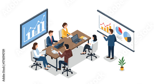 Business team meeting in office with presentations and discussions in isometric style