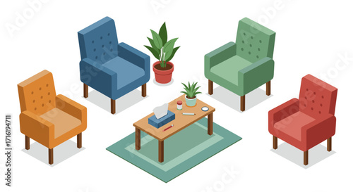 Isometric living room arrangement with colorful armchairs and coffee table