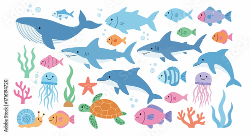 Adorable hand-drawn sea creatures including whale, shark, dolphin, and coral reef design for kids